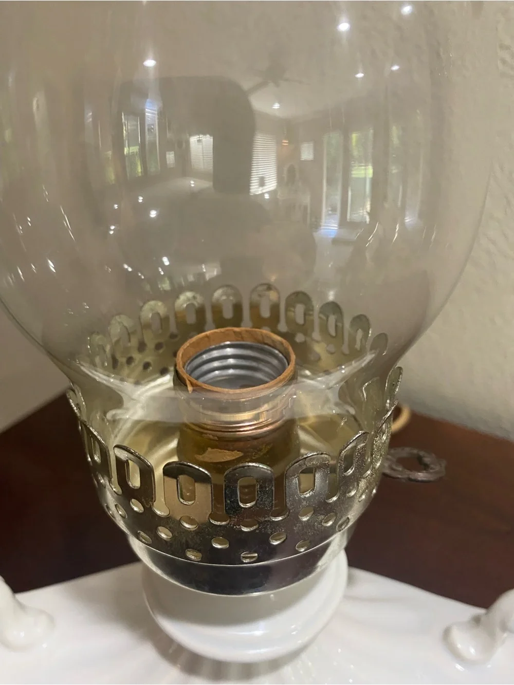 Vintage, Milk Glass Electric Hurricane Lamp, Wide Handled Base and Glass Chimney